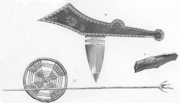 Indian utensils and arms (views 1, 4, and 15). Includes a hoop and pole game (Mandan tribe), and a gunstock type club.