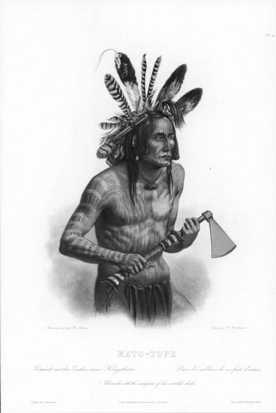 The Mandan Indian, Máto-Tópe, adorned with insignia of his war-like deeds.
