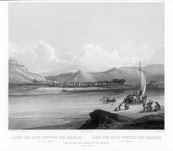 Camp of the Gros Ventres along the upper Missouri River, with white travelers passing by in a boat.