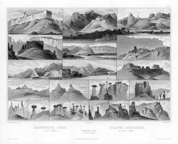 Remarkable Hills on the Upper Missouri River (views 10-29). Various scenes of land formations.