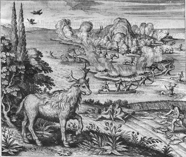 Scene near Jamestown Settlement in Virginia, ca. 1614.