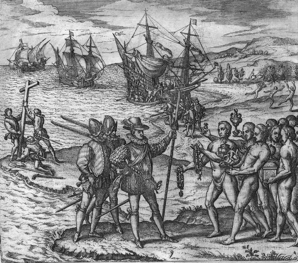 Encounter with Indians during Christopher Columbus' first expedition in 1492.