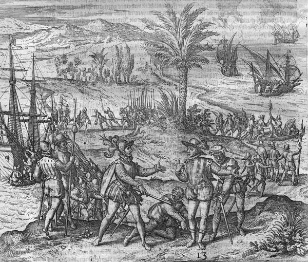 Scene on Hispaniola in 1500, when Columbus was forced to return to Spain after a new adminstrator had arrived.