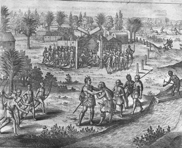 Scene near Jamestown Settlement in Virginia, 1614 in which Ralph Hamor tells Powhatan that he has been sent by Sir Thomas Dale to request his youngest daughter for marriage