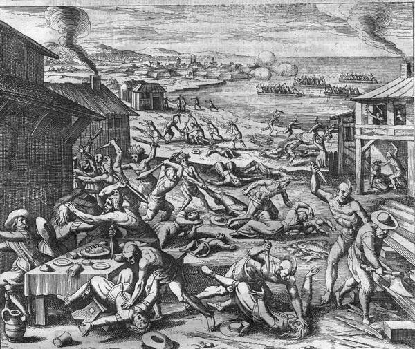 Scene from Jamestown Settlement, 1622, purporting to show the massacre of 347 settlers by Openchancanough and his alliance of tribes in the Jamestown area.