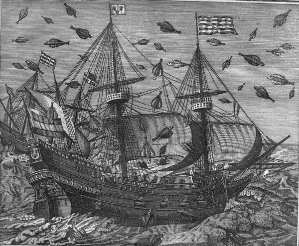 Scene of ship at ship, ca. 1628.