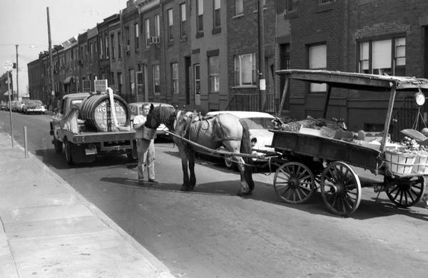 Man delivering water to a horse with an International C1300 (4x4) truck. The mobile water truck was owned by the Philadelphia Society for the Prevention of Cruelty to Animals (S.P.C.A.) and operated by driver William Kelly.