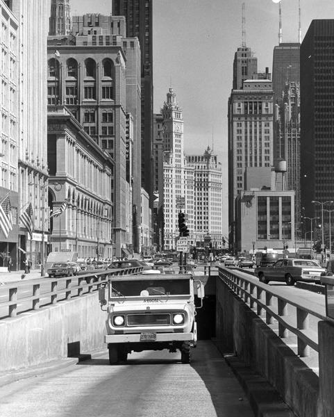 International Scout armored 4x4 truck on the job in the downtown area.  The truck was owned and operated by Brinks, Inc.