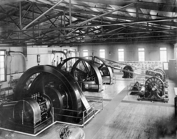 Three large stationary steam engines at International Harvester's Milwaukee Works. The factory was owned by the Milwaukee Harvester Company until 1902.