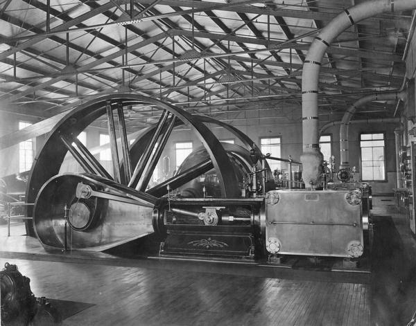 Large steam engines inside International Harvester's Milwaukee Works. The factory was owned by the Milwaukee Harvester Company until 1902.