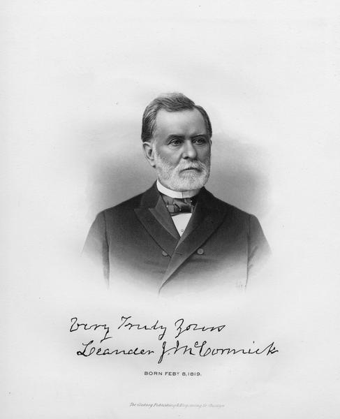 Engraved portrait of Leander James McCormick (1819-1900) by the Century Publishing and Engraving Company. Leander was a younger brother of Cyrus Hall McCormick and a partner in the family's agricultural machinery company.