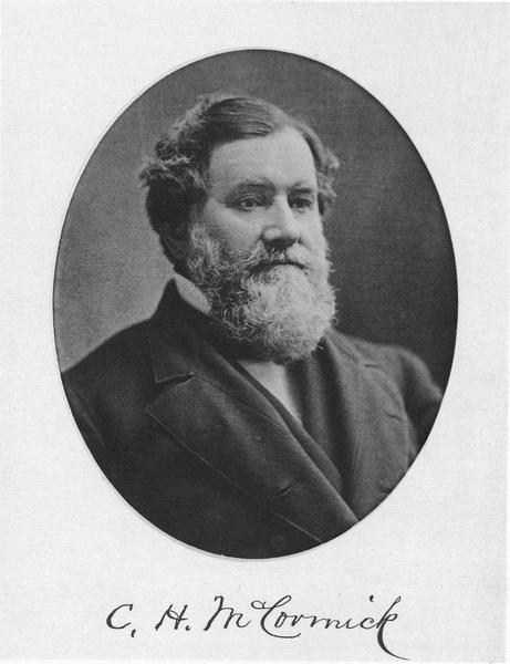 Portrait of inventor and industrialist Cyrus Hall McCormick (1809-1884). McCormick was a Chicago industrialist and inventor in 1831 of the first commercially successful reaper, a horse-drawn machine to harvest wheat. He formed the McCormick Harvesting Machine Company in 1848 to manufacture and sell his invention, and through innovative marketing techniques the Chicago firm grew into the largest farm equipment manufacturer in the United States. The company eventually became part of the International Harvester Company.