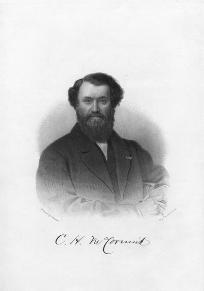 Engraved portrait of Cyrus Hall McCormick (1809-1884). The engraving was made by H. Ritchie and was based on a painting by Cabanel. McCormick was a Chicago industrialist and inventor in 1831 of the first commercially successful reaper, a horse-drawn machine to harvest wheat. He formed the McCormick Harvesting Machine Company in 1848 to manufacture and sell his invention, and through innovative marketing techniques the Chicago firm grew into the largest farm equipment manufacturer in the United States. The company eventually became part of the International Harvester Company.