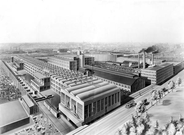 Birds-eye view of International Harvester's Milwaukee Works located at 1714 West Bruce Street. The factory was originally owned by the Milwaukee Harvester Company.