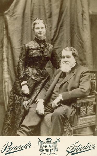 Portrait of Cyrus Hall McCormick (1809-1884) with his wife Nettie Fowler McCormick (1835-1923). McCormick was a Chicago industrialist and inventor in 1831 of the first commercially successful reaper, a horse-drawn machine to harvest wheat. He formed the McCormick Harvesting Machine Company in 1848 to manufacture and sell his invention, and through innovative marketing techniques the Chicago firm grew into the largest farm equipment manufacturer in the United States. The company eventually became part of the International Harvester Company.