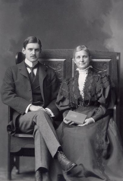 Portrait of Nettie Fowler McCormick (1835-1923) and her son Stanley R. McCormick, sitting on a wooden bench. Mrs. McCormick was the wife of inventor and industrialist Cyrus Hall McCormick (1809-1884).