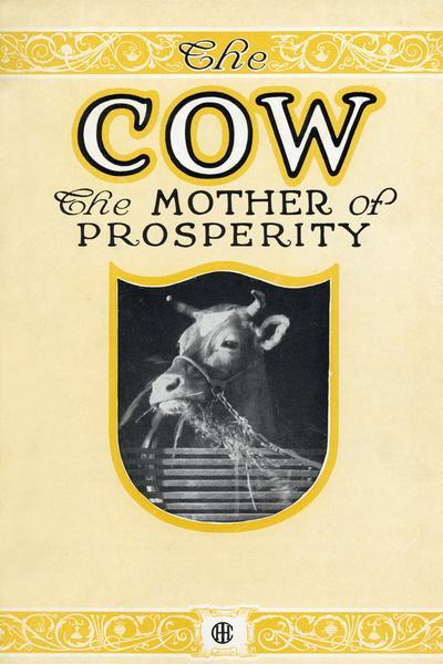 Cover illustration for a publication by International Harvester's Agricultural Extension Department featuring a photograph of a cow chewing hay under the title: "The Cow, the Mother of Prosperity".