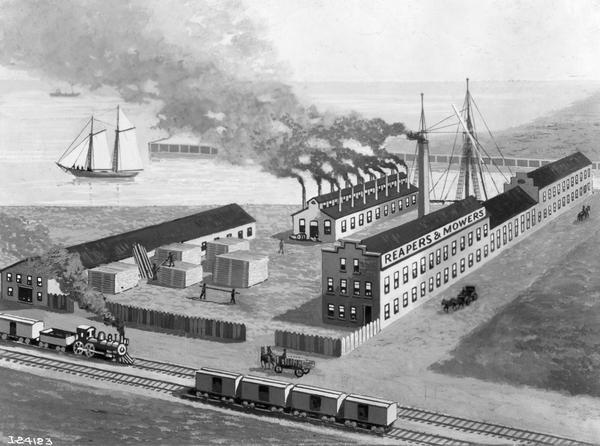 Illustration of the McCormick Reaper and Mower Works of 1847. The factory was located on the north bank of the Chicago River, east of the Michigan Avenue Bridge. It was built by Cyrus McCormick in cooperation with his then-partner Charles M. Gray. The factory was destroyed in the Chicago Fire of October 8-9, 1871.
