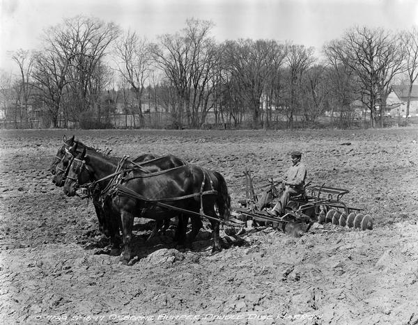 Farmer cultivating a field with an Osborne bumper double disc harrow pulled by three horses.