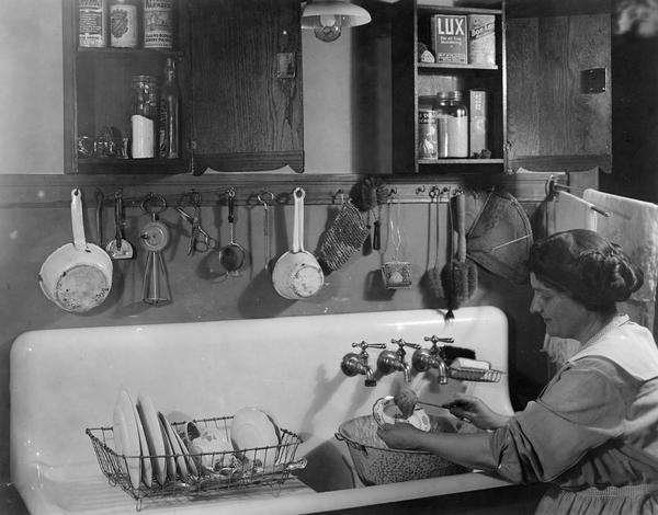 Woman washing dishes in a kitchen sink. Kitchen utensils are hanging on the wall and the cabinets are open, revealing cleaning supplies made by Lux, Bon Ami, and other manufacturers.