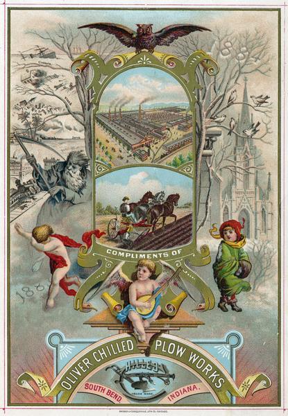 Lithographed advertising card for the Oliver Chilled Plow Works commemorating the new year, 1884. The card features two color illustrations within a gold frame of a man using a horse-drawn plow in a field, and the Oliver factory. Outside of the frame on the left is Father Time wearing a robe and holding a scythe, at the top of the gold frame is an owl, and below the gold frame a winged cherub is playing a lute. It also includes illustrations of disasters that occurred during 1883: shipwreck of the "Cimbria," earthquake in Ischia, volcanic eruption in Java (Krakatoa), a flood, and a train derailment.