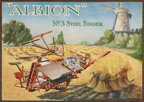 Back cover of an advertising brochure for Harrison, McGregor and Co. featuring a color chromolithograph illustration of an Albion no. 3 steel binder in a field near windmill. The company was based in Leigh, Lancashire, England.