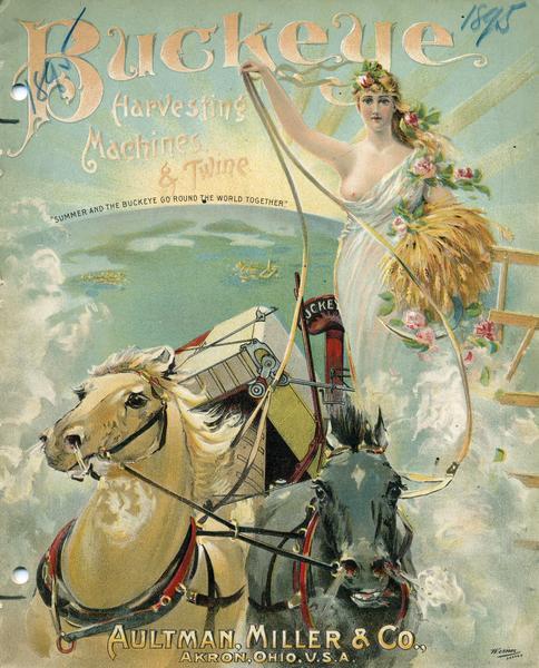 Cover of an advertising catalog for Buckeye harvesting machines manufactured by Aultman, Miller & Company. The cover features a chromolithograph illustration of a goddess of summer guiding a horse-drawn binder through the sky with the earth visible far below. A caption reads: "Summer and the Buckeye go round the world together."