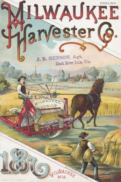 Cover of an advertising brochure for the Milwaukee Harvester Company featuring a color chromolithograph illustration of farmers in a field with a horse-drawn Milwaukee Junior grain binder. In the far background are farm buildings, hills, and a church.