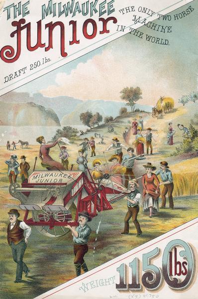 Back cover of an advertising brochure for the Milwaukee Harvester Company featuring a color chromolithograph illustration of the Milwaukee Junior binder, titled: "The only two horse machine in the world." Men are carrying the Milwaukee Junior, with a woman sitting on the seat and waving a handkerchief towards a group of men and women in a field.