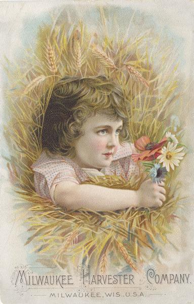 Advertising card for the Milwaukee Harvester Company featuring an  illustration of a little girl holding a small bouquet of wildflowers.