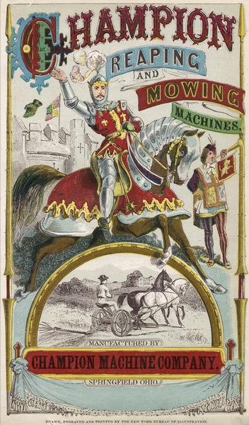 Cover of an advertising brochure for Champion reaping and mowing machines manufactured by the Champion Machine Company. The cover features a color illustration of a knight on a horse over an illustration of a man in a horse-drawn mower in a field.