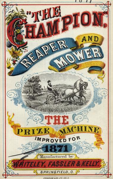 Cover of an advertising brochure for the Champion reaper and mower manufactured by Whiteley, Fassler & Kelly. The cover features an illustration of a farmer in the field with a horse-drawn mower.
