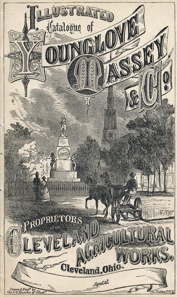 Cover of an advertising catalog for Younglove, Massey & Co., manufacturers of agricultural equipment. The cover features an engraved illustration of a horse-drawn mower in front of a monument to George Washington(?).