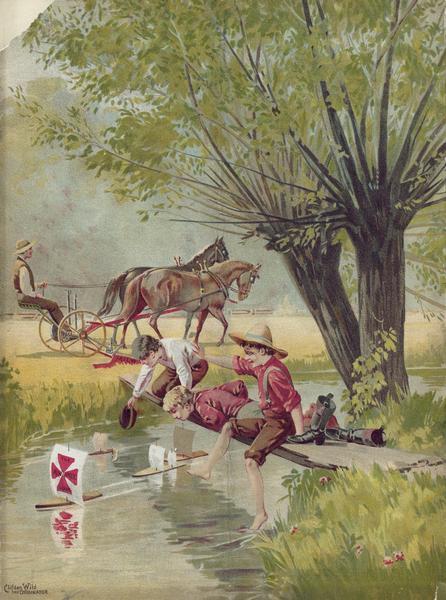 Back cover of an advertising catalog for the Milwaukee Harvester Company. The cover features a color chromolithograph illustration of young boys racing homemade toy sailboats in a creek, while in a field behind them a man operates a horse-drawn mower pulled by a team of horses. One of the boat's sails bears the Milwaukee Harvester Company logo. Text in the lower left corner reads: "Clifden Wild, the originator."