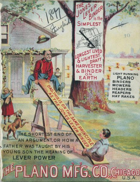 Cover of an advertising catalog for the Plano Manufacturing Company, manufacturers of grain binders, mowers, headers, reapers, and hay rakes. The cover features a chromolithograph illustration of a father and son on each end of a wooden plank balanced over a saw horse. The father is on the short end of the plank and has been lifted by his much smaller son. The mother, a sister holding a doll or baby, and a dog are looking on. The plank bears the text: "Dad, this is on the same principle as the Jones Lever Binder." Additional text reads: "The shortest end of an argument, or how a father was taught by his young son the meaning of lever power."