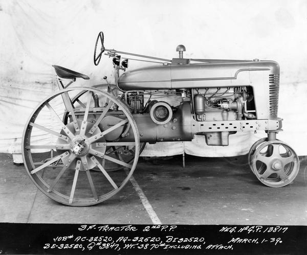Engineering photograph of an experimental Farmall tractor designated as model "3F". Right side view.