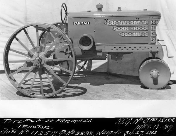 Engineering photograph of an experimental Farmall tractor designated as model "F-22".