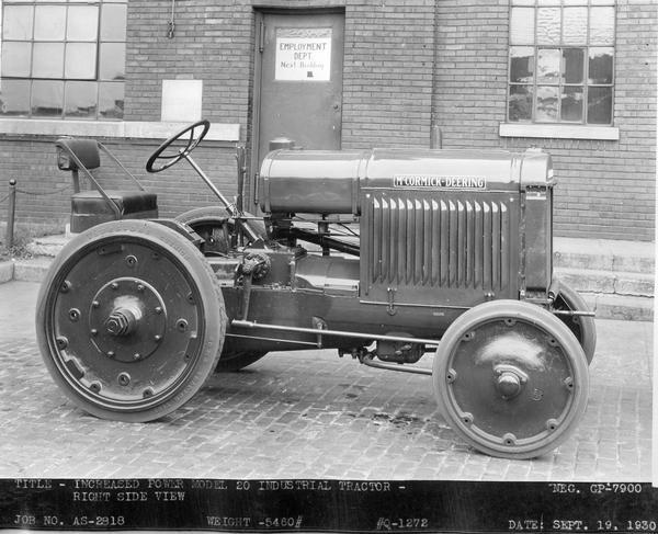 Engineering photograph of an experimental Increased Power Model 10-20 industrial tractor. Right side view.