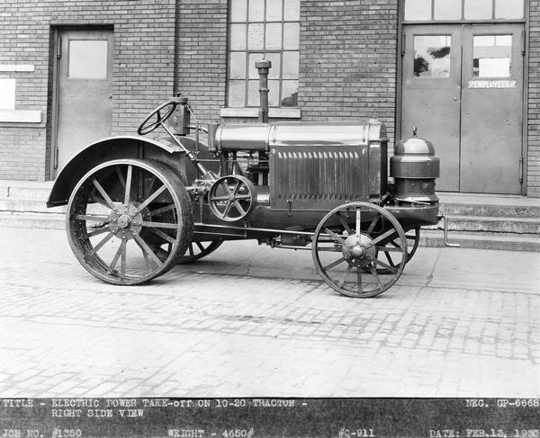 Engineering photograph of an experimental 10-20 tractor with electric power take-off. Right side view.