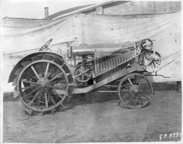 Engineering photograph of an experimental McCormick-Deering industrial winch tractor. Right side view.