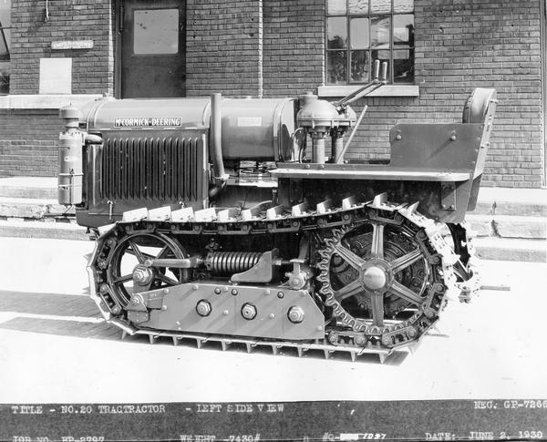 Engineering photograph of an experimental No. 20 TracTracTor (crawler tractor). Left side view.