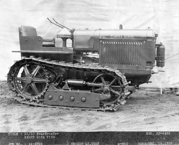 Engineering photograph of an experimental McCormick-Deering 15-30 TracTracTor (crawler tractor). Right side view.