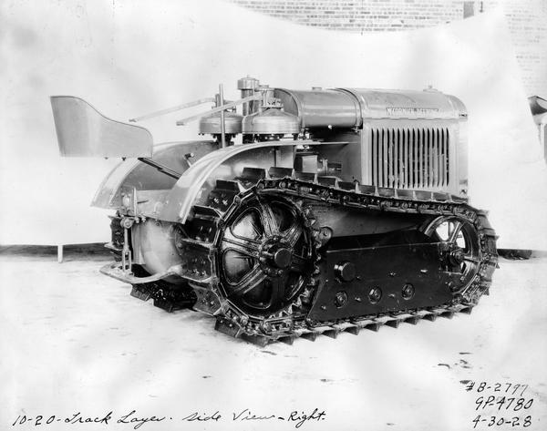 Engineering photograph of an experimental 10-20 McCormick-Deering TracTracTor (crawler tractor). Side view, right.