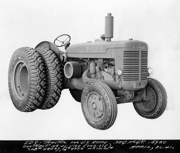 Engineering photograph of an International ID-9 tractor designed for the U.S. Army under "contract no. 41-11169 (Ind-318)."