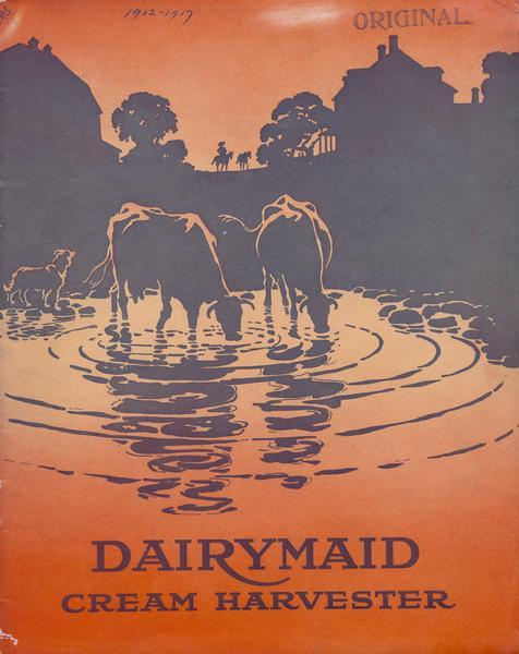 Front cover of an advertising catalog for International Harvester's Dairymaid line of cream separators. The cover features an illustration of two cows, a dog, farm buildings and a man on a horse silhouetted against an orange background.