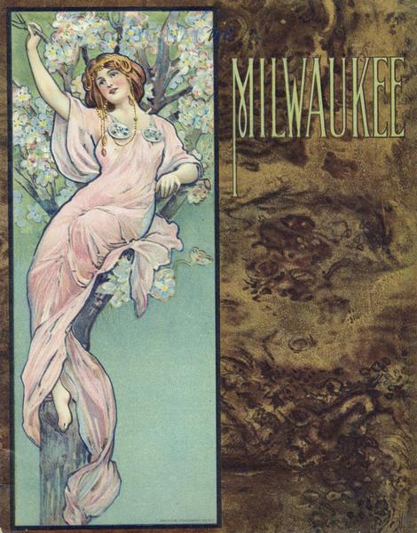 Front cover of an advertising catalog for International Harvester's Milwaukee line of farm implements featuring a chromolithograph illustration of a woman in a tree of flowers.