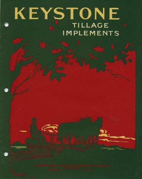 Front cover of an advertising catalog for International Harvester's Keystone tillage implements featuring an illustration of a farmer operating a horse-drawn disk harrow. The farmer, disc harrow, horses and an overhanging tree are silhouetted against a red background.