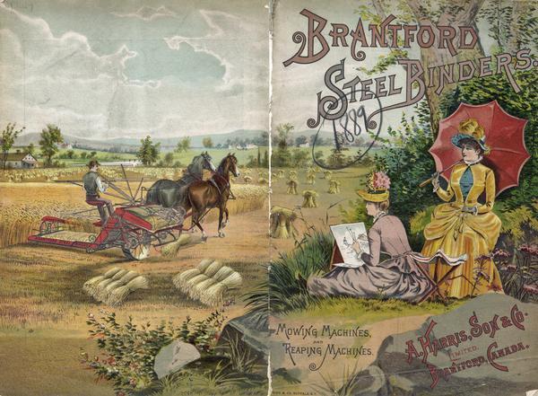 Front and back cover of an advertising catalog for A. Harris, Son & Company of Brantford, Canada, manufacturers of grain binders, mowers and reapers. The cover features a color chromolithograph illustration of two women watching a man harvest grain with a horse-drawn Brantford grain binder. One of the women sits in the grass painting the scene. The illustration was created by Gies & Co. of Buffalo, New York.