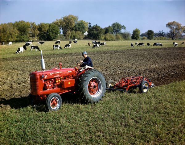 Slightly elevated view of a farmer plowing a field with a McCormick WD-6 tractor as dairy cows are grazing in the background.