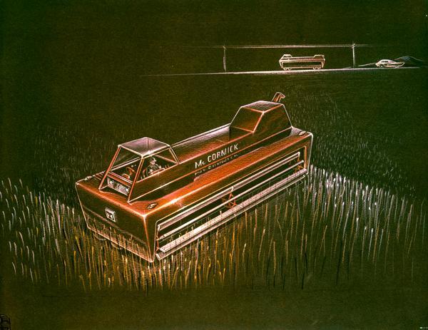 Industrial artist's rendering of what a McCormick grain harvester of the future may look like ("future farm machines").
